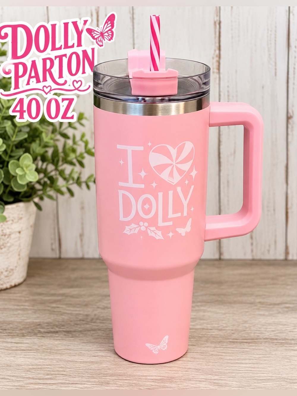 Dolly Parton I Love Dolly Pink 40 Oz Tumbler With Handle Lid & Straw